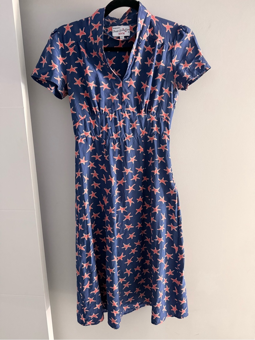 HVN Navy Summer Starfish Print 100% Silk Dress